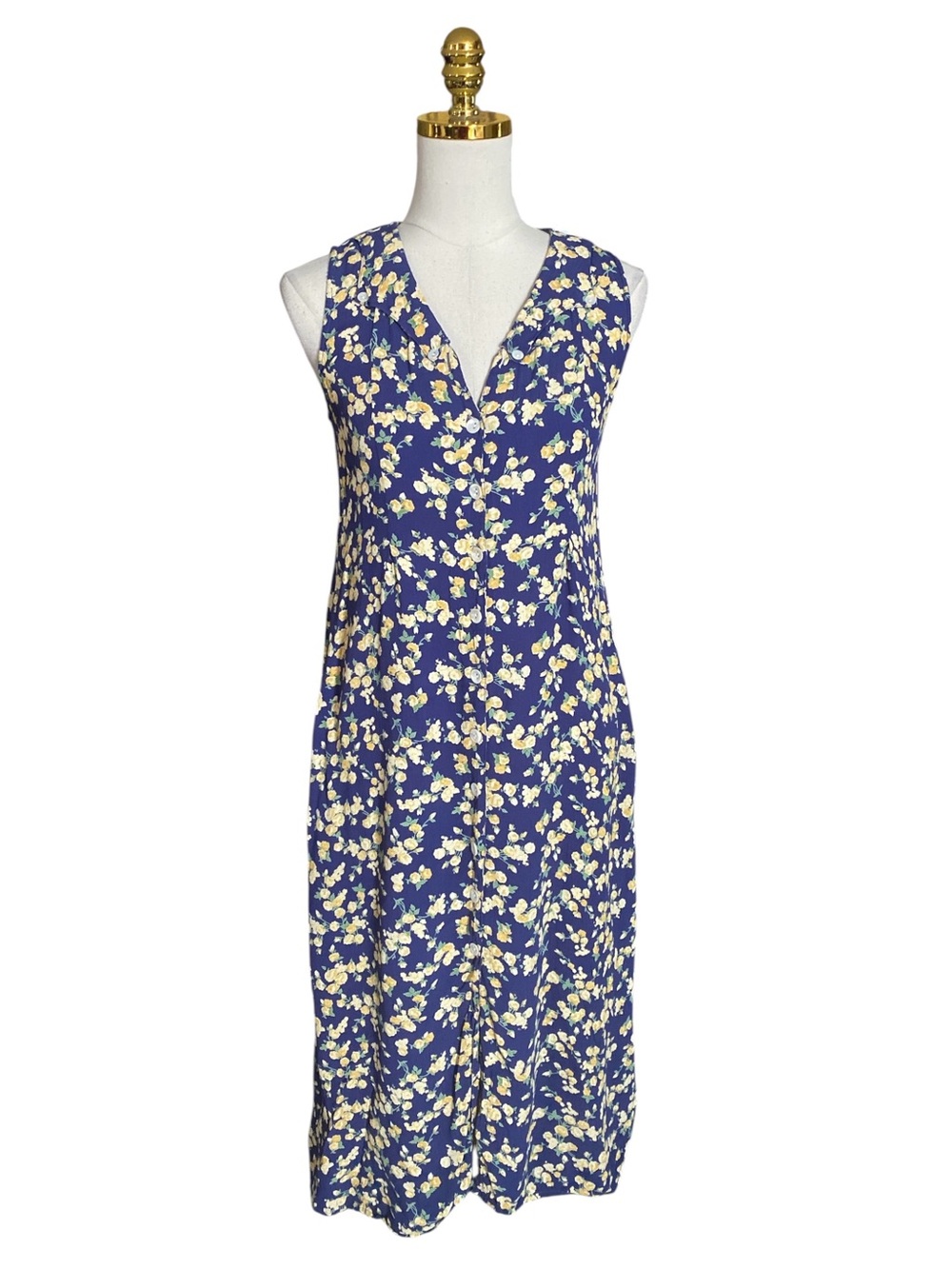 April Cornell Vintage 90s Floral Midi Dress Blue Yellow Rayon Cottagecore XS